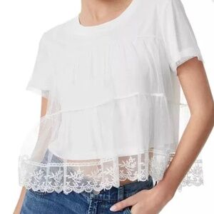 Alice + Olivia White Layered Lace Hem Short Sleeve Top
